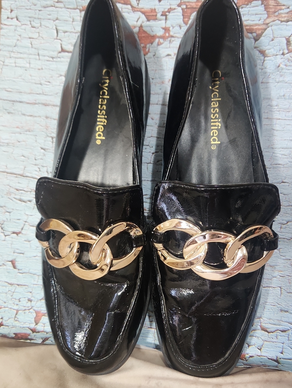 Cityclassified Black Patent Loafers with Gold Chain Detail